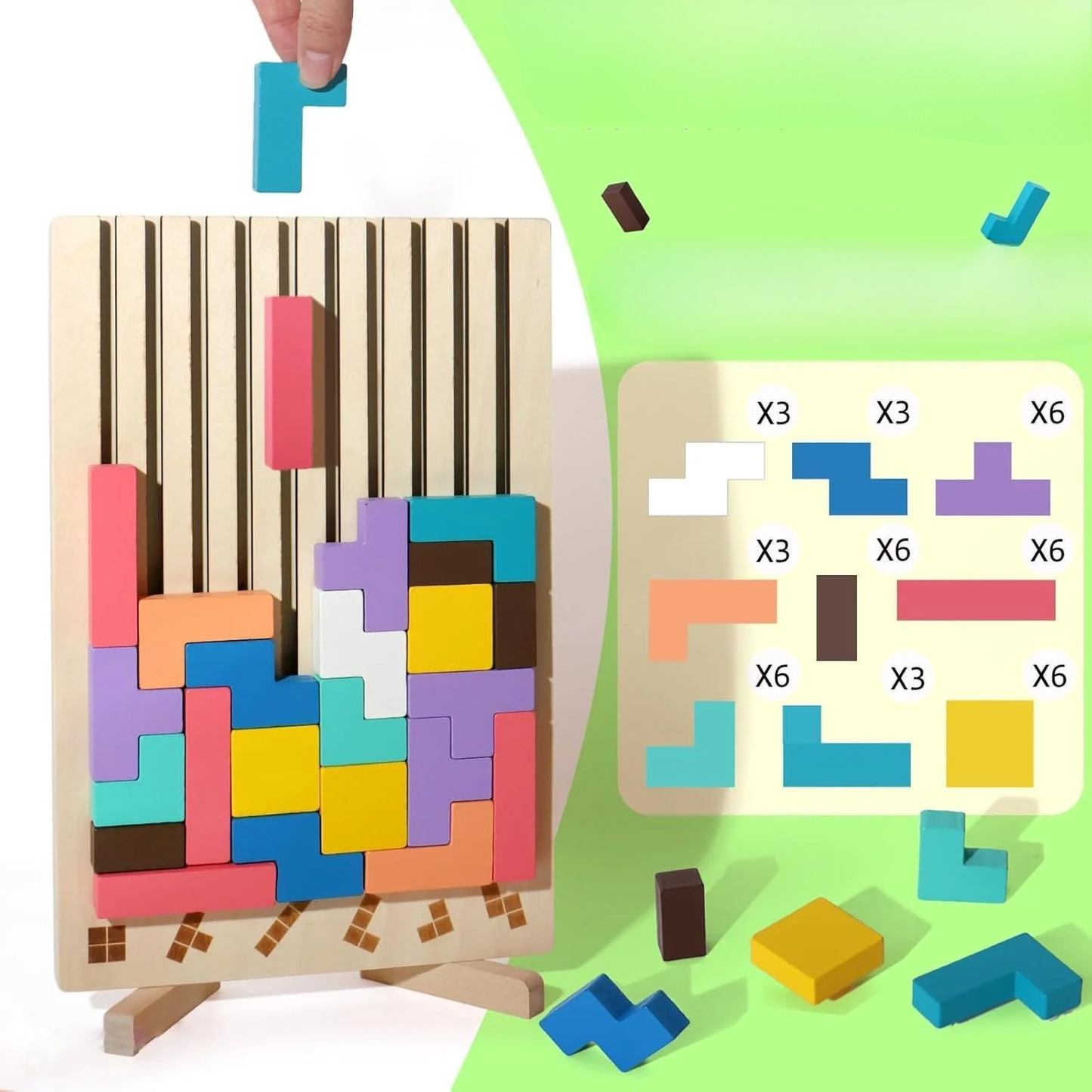 Montessori Wooden Puzzle Blocks – Classic Tetris Style Educational Toy